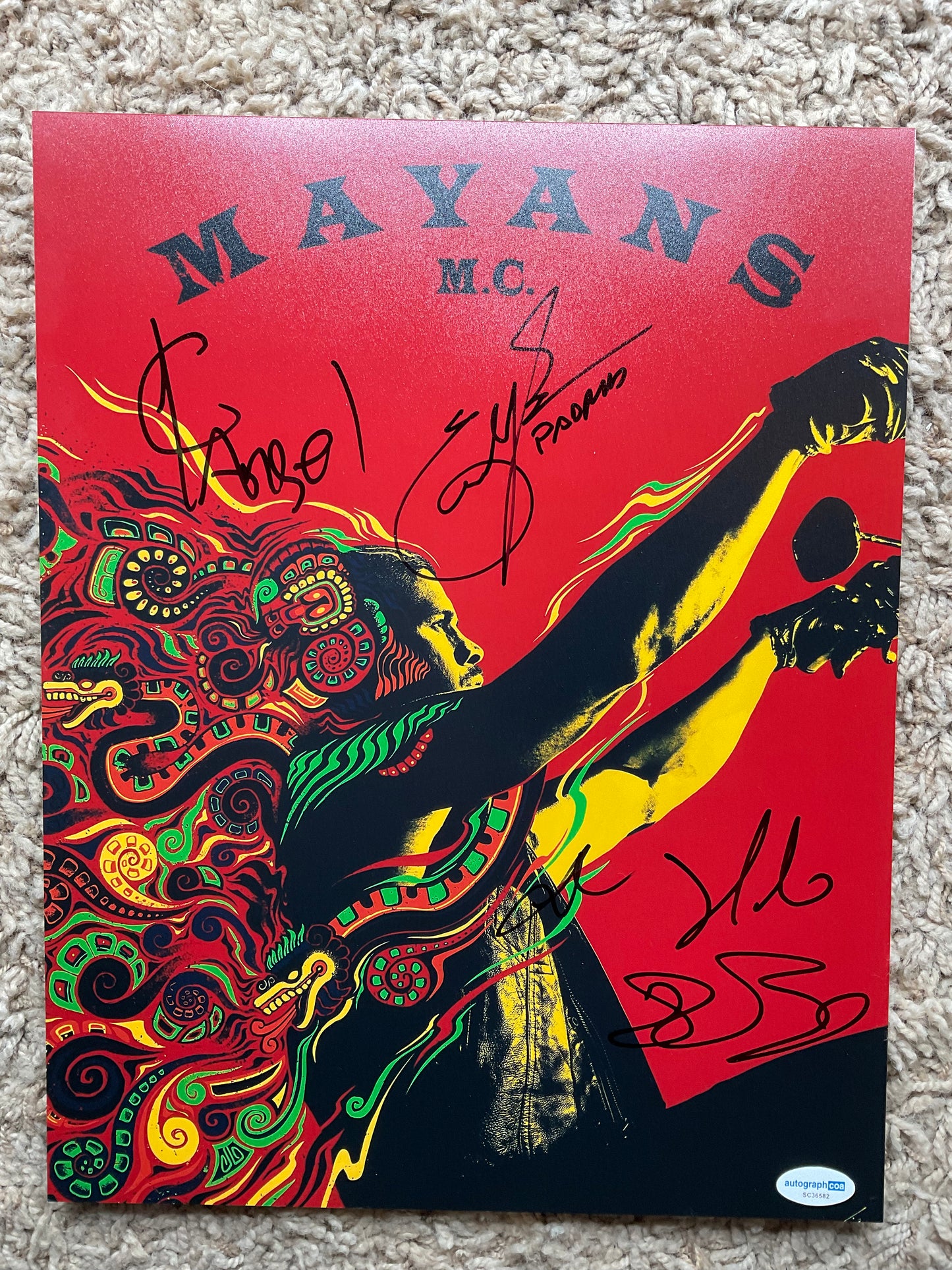 J.D. Pardo, Clayton Cardenas, Rivera, Bolger, Bourne Mayans M.C. Cast signed 11x14 ACOA