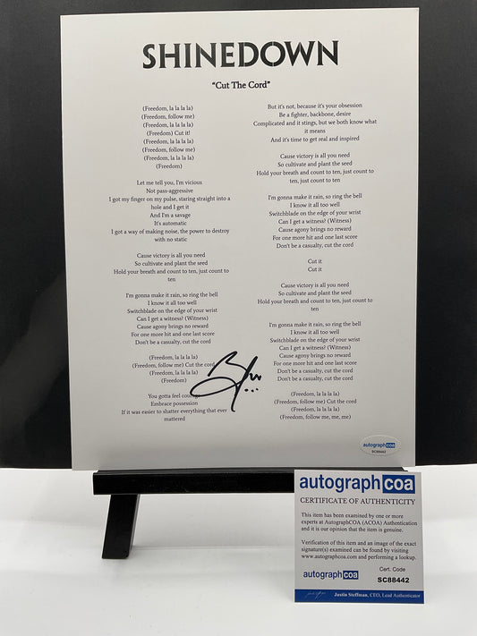 Brent Smith Shinedown Lyrics signed Cardstock ACOA