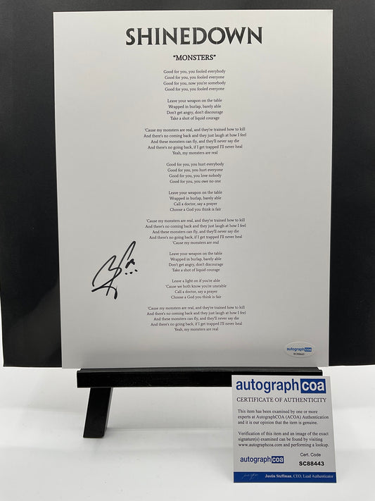 Brent Smith Shinedown Lyrics signed Cardstock ACOA