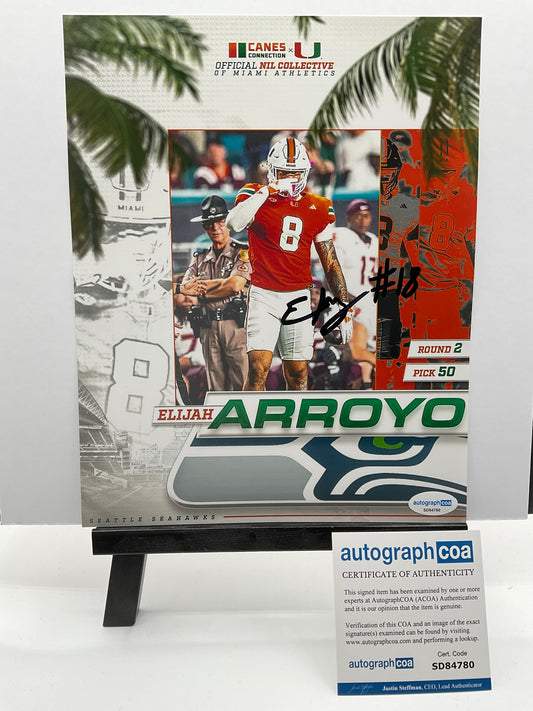Elijah Arroyo Miami Hurricanes signed photo 8x10 ACOA Seattle Seahawks