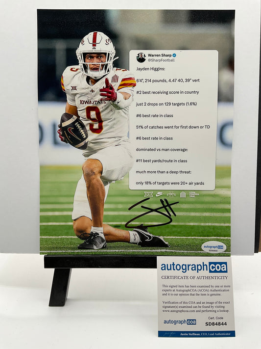 Jayden Higgins Cyclones signed photo 8x10 ACOA NFL Houston Texans