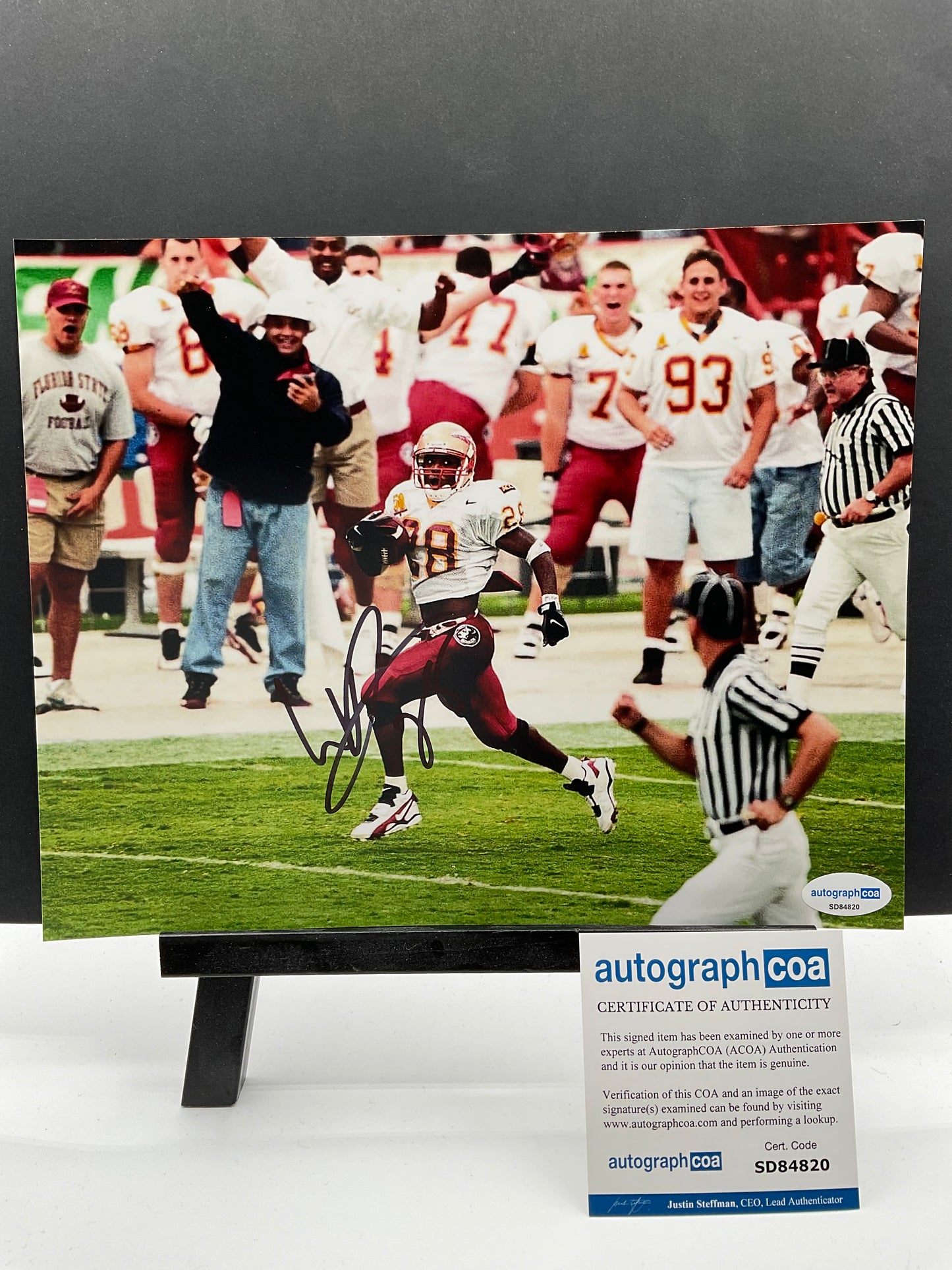 Warrick Dunn Florida State signed photo 8x10 ACOA